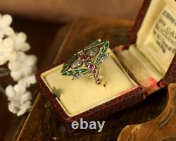Ring Vermeil Silver 925 Adjustable Art Nouveau Dragonfly Enamel Green Cz Red