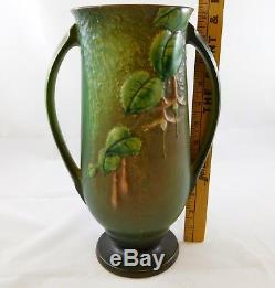 Roseville Pottery Fuchsia Green Vase 903-12 Studio Art Tall Handled Plant Motif