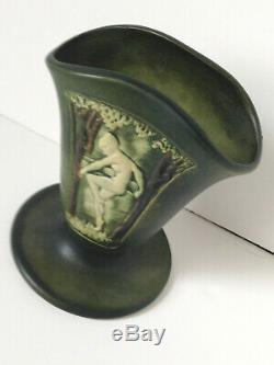 Roseville Rosecraft Art Nouveau Green Nude Panel Pottery Fan Vase Rare