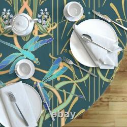 Round Tablecloth Art Nouveau Dragonflies Deep Teal Green Classy Cotton Sateen