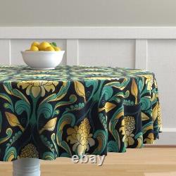 Round Tablecloth Tropical Damask Green Gold Art Nouveau Century Cotton Sateen