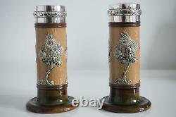 Royal Doulton Lambeth Art Nouveau Vases Silver Rims Ethel Beard c. 1903