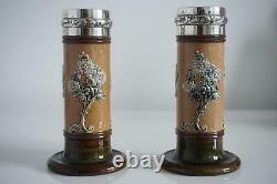 Royal Doulton Lambeth Art Nouveau Vases Silver Rims Ethel Beard c. 1903