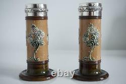 Royal Doulton Lambeth Art Nouveau Vases Silver Rims Ethel Beard c. 1903