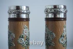 Royal Doulton Lambeth Art Nouveau Vases Silver Rims Ethel Beard c. 1903