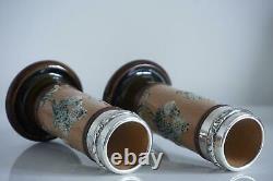 Royal Doulton Lambeth Art Nouveau Vases Silver Rims Ethel Beard c. 1903