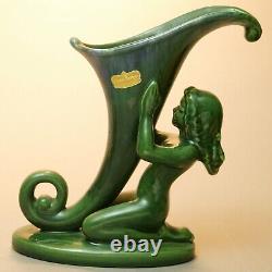 Royal Haeger vintage cornucopia green hugging female Art Nouveau nymph VASE tag