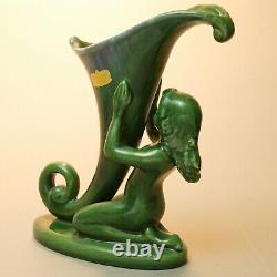 Royal Haeger vintage cornucopia green hugging female Art Nouveau nymph VASE tag