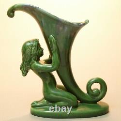 Royal Haeger vintage cornucopia green hugging female Art Nouveau nymph VASE tag