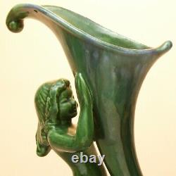 Royal Haeger vintage cornucopia green hugging female Art Nouveau nymph VASE tag