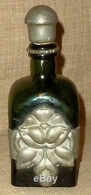 SALE! ANTIQUE GREEN GLASS C. L. O. C. WHISKEY BOTTLE withREPOUSSE PEWTER WORKDENMARK