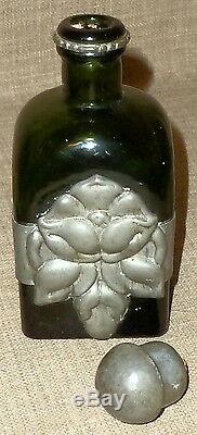 SALE! ANTIQUE GREEN GLASS C. L. O. C. WHISKEY BOTTLE withREPOUSSE PEWTER WORKDENMARK