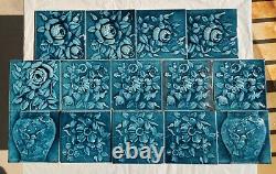 SET OF 14 ANTIQUE A. E. AMERICAN ENCAUSTIC TILES 6X6 BLUE GREEN ART NOUVEAU c1900