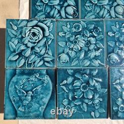 SET OF 14 ANTIQUE A. E. AMERICAN ENCAUSTIC TILES 6X6 BLUE GREEN ART NOUVEAU c1900