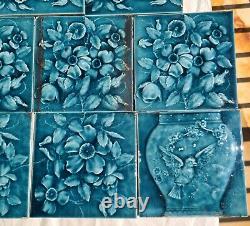 SET OF 14 ANTIQUE A. E. AMERICAN ENCAUSTIC TILES 6X6 BLUE GREEN ART NOUVEAU c1900