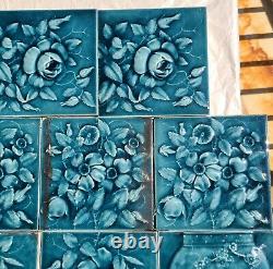 SET OF 14 ANTIQUE A. E. AMERICAN ENCAUSTIC TILES 6X6 BLUE GREEN ART NOUVEAU c1900