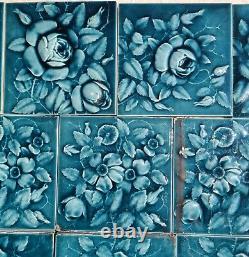 SET OF 14 ANTIQUE A. E. AMERICAN ENCAUSTIC TILES 6X6 BLUE GREEN ART NOUVEAU c1900