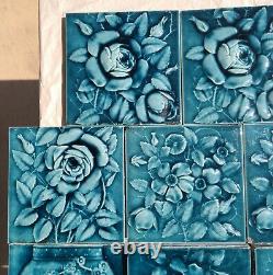 SET OF 14 ANTIQUE A. E. AMERICAN ENCAUSTIC TILES 6X6 BLUE GREEN ART NOUVEAU c1900