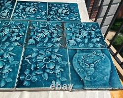 SET OF 14 ANTIQUE A. E. AMERICAN ENCAUSTIC TILES 6X6 BLUE GREEN ART NOUVEAU c1900