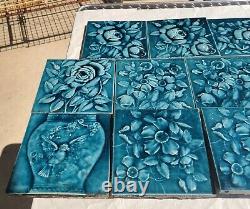 SET OF 14 ANTIQUE A. E. AMERICAN ENCAUSTIC TILES 6X6 BLUE GREEN ART NOUVEAU c1900