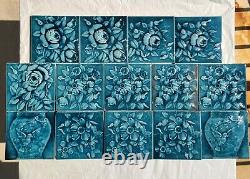 SET OF 14 ANTIQUE A. E. AMERICAN ENCAUSTIC TILES 6X6 BLUE GREEN ART NOUVEAU c1900