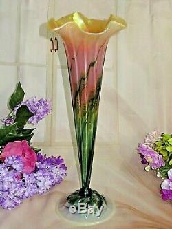 SIGNED James Lundberg PEACH blossom TRUMPET VASE pulled feather GLASS 17 rare