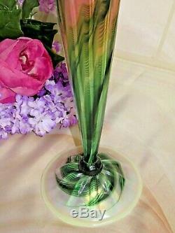 SIGNED James Lundberg PEACH blossom TRUMPET VASE pulled feather GLASS 17 rare