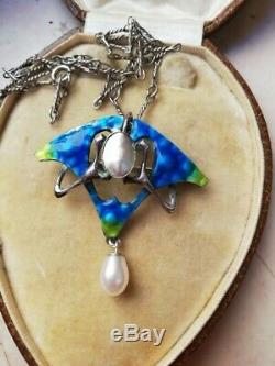 SPECIAL OFFER! C1900 Art Nouveau silver, blue green enamels with pearls pendant