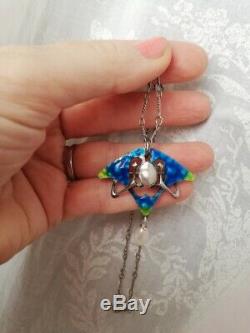 SPECIAL OFFER! C1900 Art Nouveau silver, blue green enamels with pearls pendant