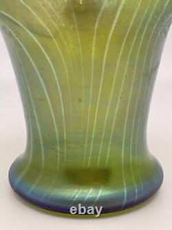 STEUBEN Blue Green Aurene Pulled Feather Ruffled Collar Glass Vase SIGNED