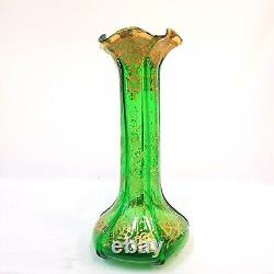 STUNNING Art Nouveau FRENCH GREEN BOHEMIAN GLASS VASE Dainty GOLDEN Flowers -EXC