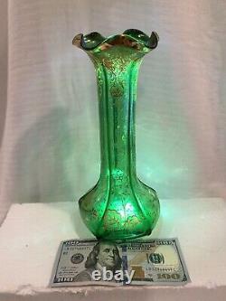 STUNNING Art Nouveau FRENCH GREEN BOHEMIAN GLASS VASE Dainty GOLDEN Flowers -EXC