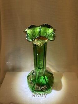 STUNNING Art Nouveau FRENCH GREEN BOHEMIAN GLASS VASE Dainty GOLDEN Flowers -EXC