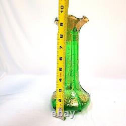 STUNNING Art Nouveau FRENCH GREEN BOHEMIAN GLASS VASE Dainty GOLDEN Flowers -EXC