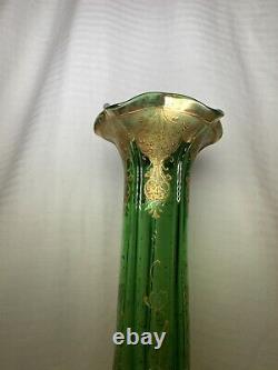 STUNNING Art Nouveau FRENCH GREEN BOHEMIAN GLASS VASE Dainty GOLDEN Flowers -EXC