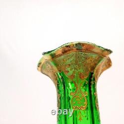 STUNNING Art Nouveau FRENCH GREEN BOHEMIAN GLASS VASE Dainty GOLDEN Flowers -EXC