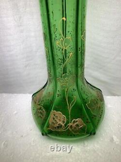 STUNNING Art Nouveau FRENCH GREEN BOHEMIAN GLASS VASE Dainty GOLDEN Flowers -EXC