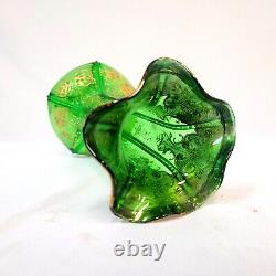 STUNNING Art Nouveau FRENCH GREEN BOHEMIAN GLASS VASE Dainty GOLDEN Flowers -EXC