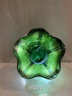STUNNING Art Nouveau FRENCH GREEN BOHEMIAN GLASS VASE Dainty GOLDEN Flowers -EXC