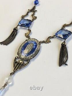 Sadie Green Art Nouveau Brass Blue Faceted Glass Festoon Vintage Necklace