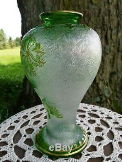 Saint Louis ST LOUIS French Art Nouveau GREEN GLASS OVERLAY Acid-Etched VASE