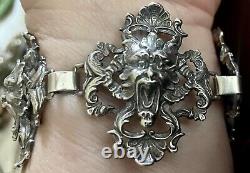 Scarce CINI Mythological Art Nouveau Green Man Sterling Sil. Bracelet 1.75 wide