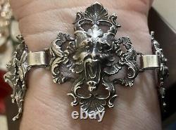 Scarce CINI Mythological Art Nouveau Green Man Sterling Sil. Bracelet 1.75 wide