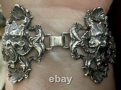 Scarce CINI Mythological Art Nouveau Green Man Sterling Sil. Bracelet 1.75 wide