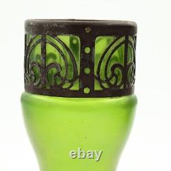 Secessionist Iridescent Art Glass Vase Green with Metal Mount, Austria