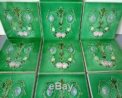 Set 10 Antique Art Nouveau Majolica Relief Moulded Fireplace Tiles Edwardian