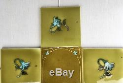 Set 10 Antique Majolica Panel Backspl Art Nouveau 6 tiles olive green flower