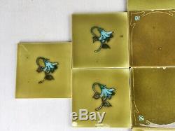 Set 10 Antique Majolica Panel Backspl Art Nouveau 6 tiles olive green flower