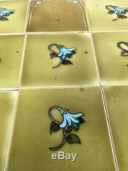 Set 10 Antique Majolica Panel Backspl Art Nouveau 6 tiles olive green flower
