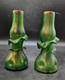 Set/2 Antique Art Nouveau Green Iridescent Bohemian Art Glass Bue Vase Metal Rim
